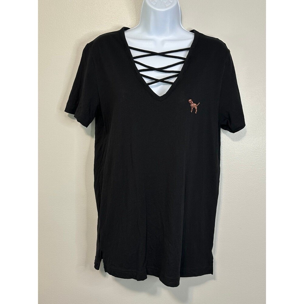 Victoria's Secret PINK Black Lace Up V-Neck T-Shirt Dog Logo Sequin Bling